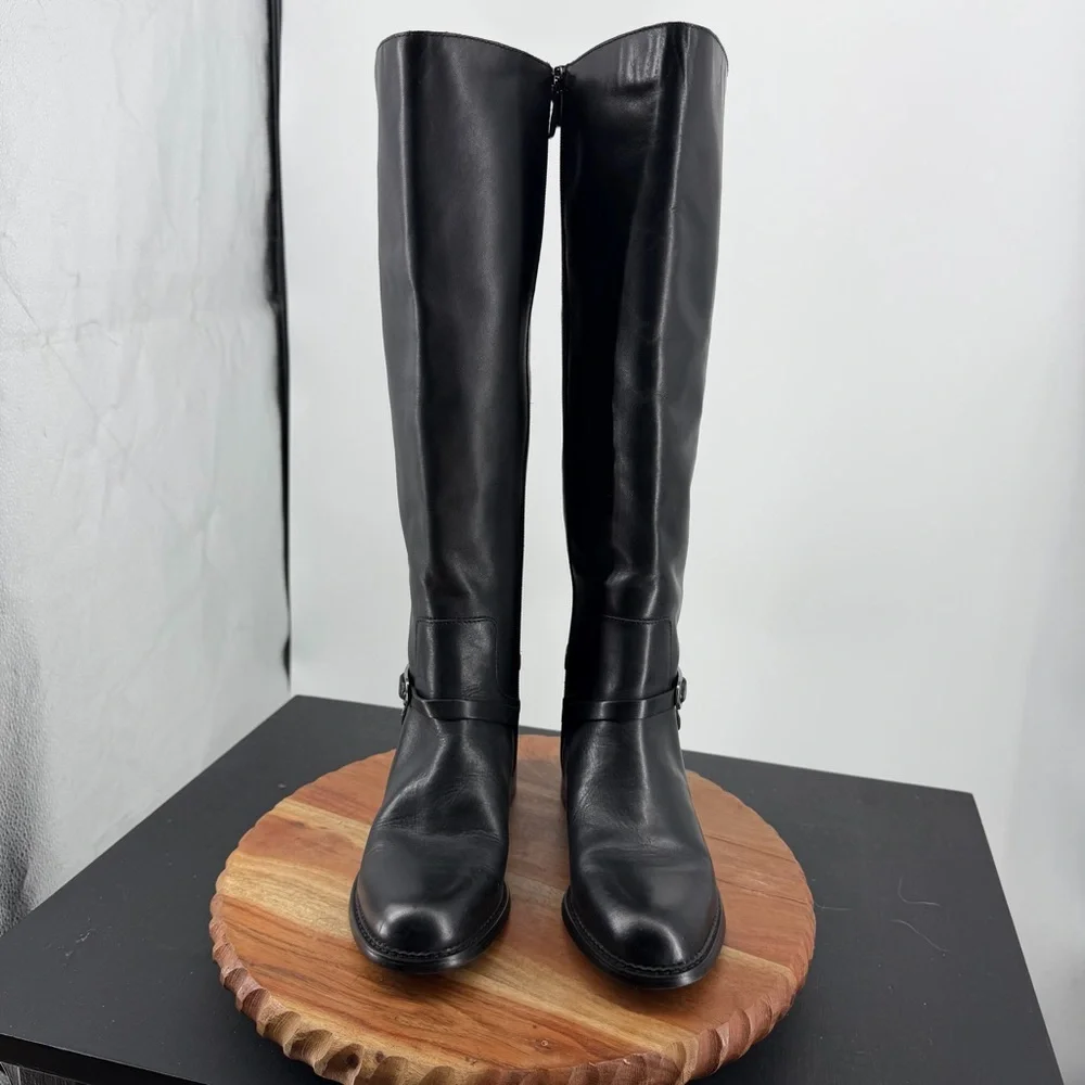 Franco Sarto Hadley Black Leather Tall Riding Boots Equestrian Flat Buckle 6‎